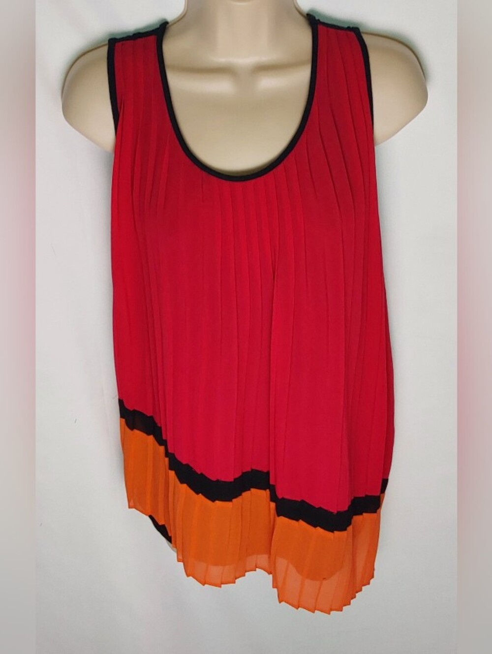 NY Collection Pinkish Red Pleated Tank with Orange Hem and Black Trim